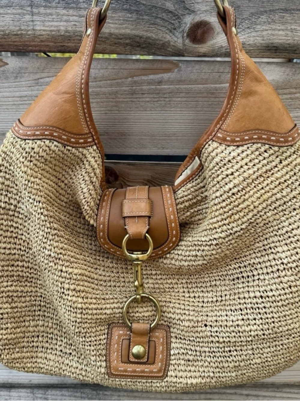 Vintage Coach F133374 Bleeker Millie Raffia Bag with Tan Leather and brass